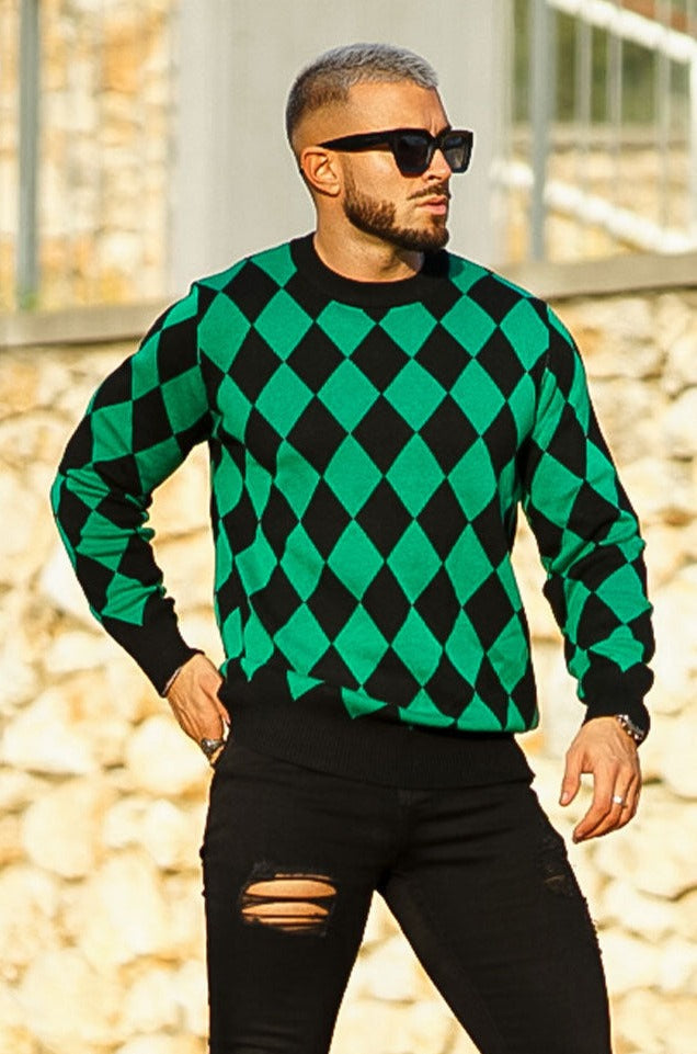 Men's Plaid Weater - Green & Round Neck