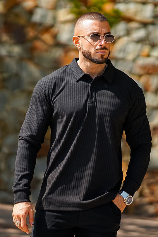 Men's Long Sleeve Polo Shirt - Green & Black