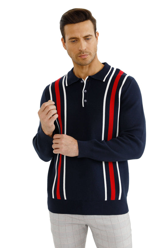 Men's Button Knitted Sweater - White & Dark Blue