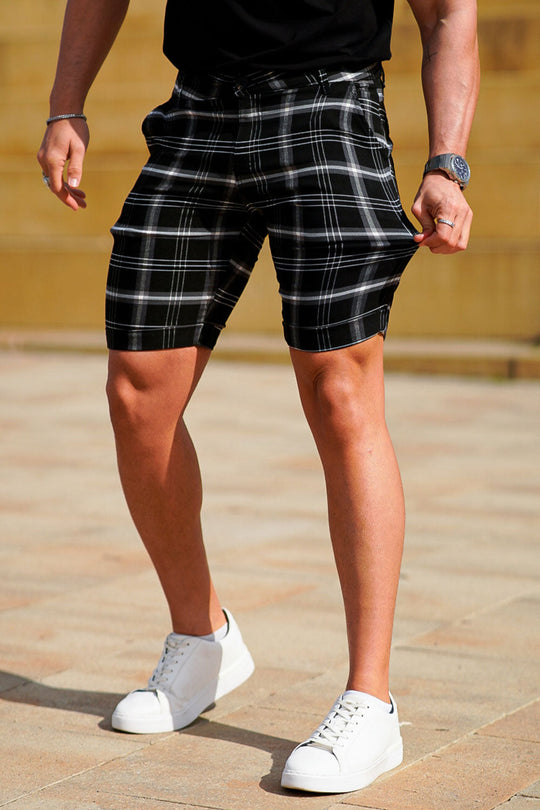 Plaid Denim Shorts - Stylish Black