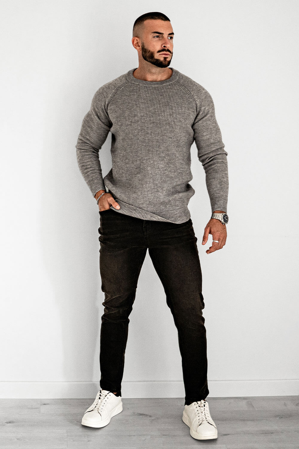 Men Round Neck Sweater - Grey