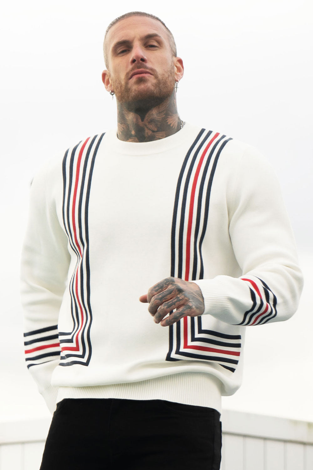 Men's Crew Neck Sweater - White & Black