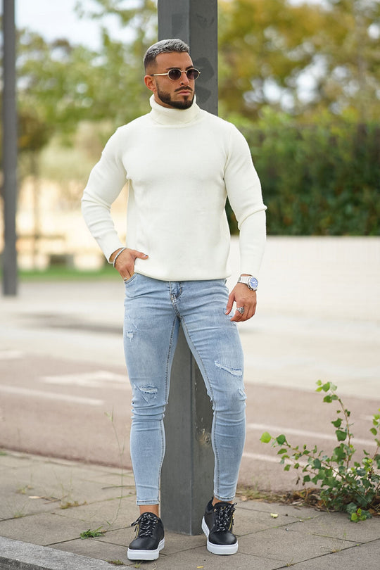 Men's Cream Sweater - Slim Fit & High Neck