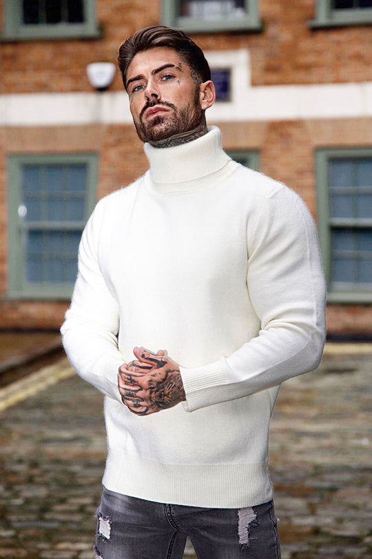 Men's White Turtleneck Sweater - Slim Fit