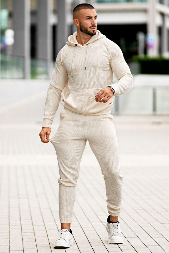 Men Casual Hoodie Set - Beige