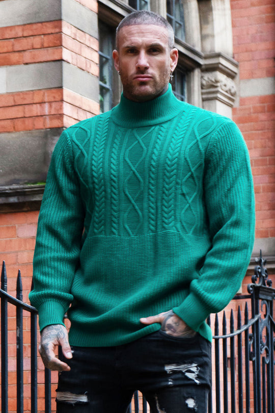 Men's Turtleneck Sweater - Green & Slim Fit