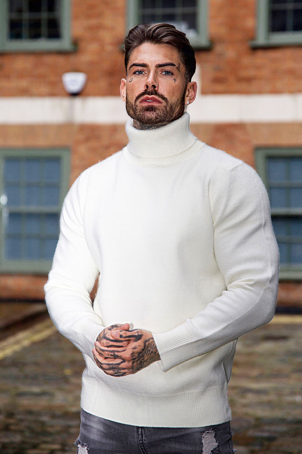 Men's White Turtleneck Sweater - Slim Fit