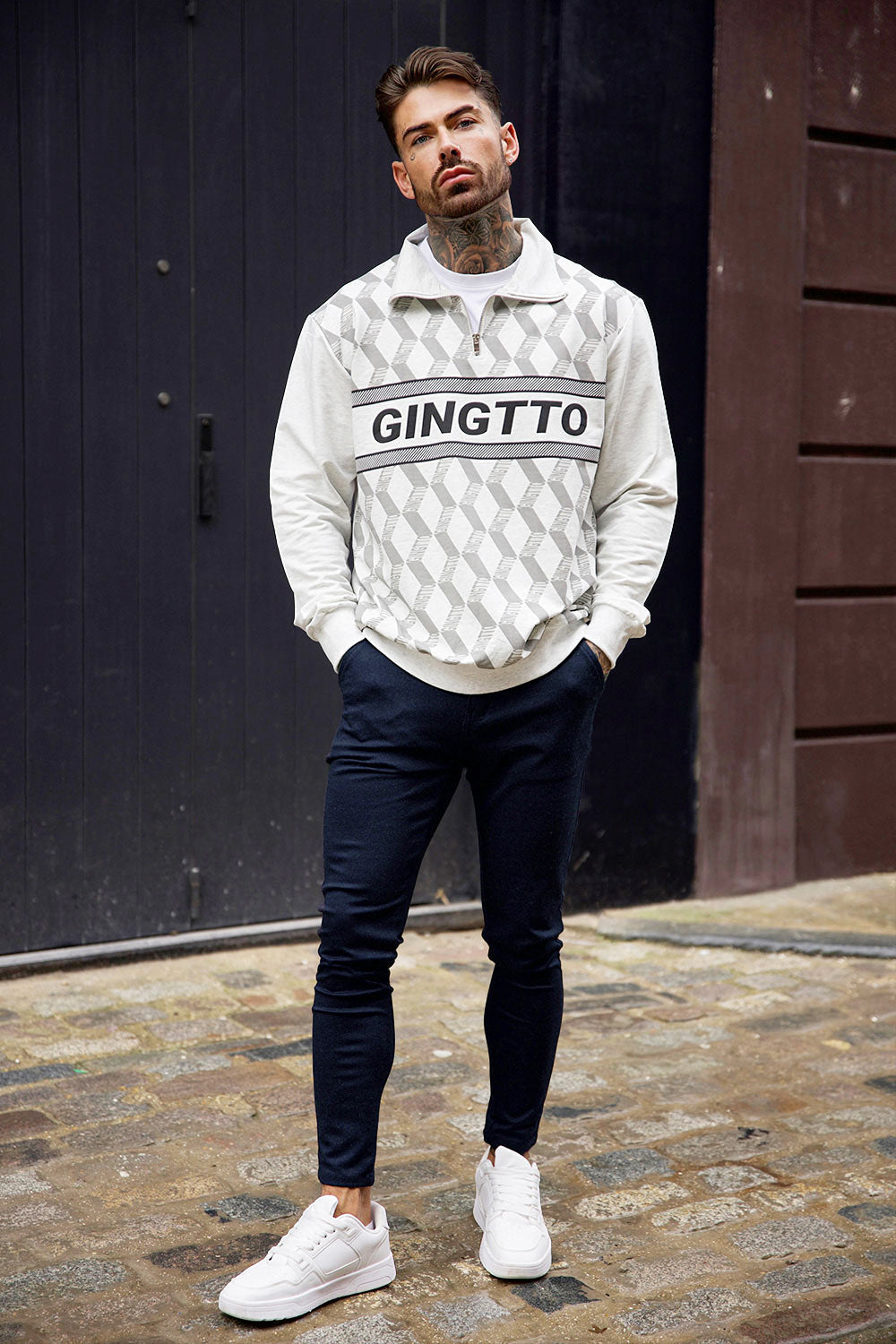 GINGTTO Mens  Slim Fit Long Sleeve Crewneck Pullover For Diamond Lattice Fleece