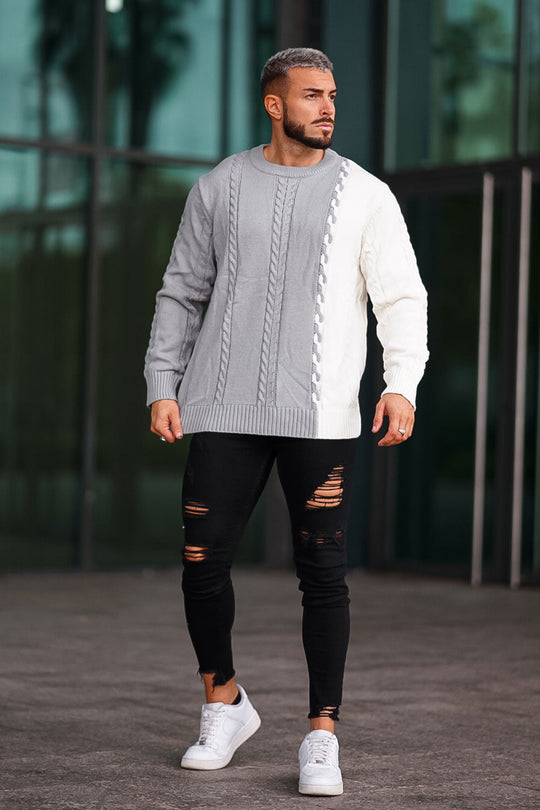 Men's Color Block Sweater - Grey & White