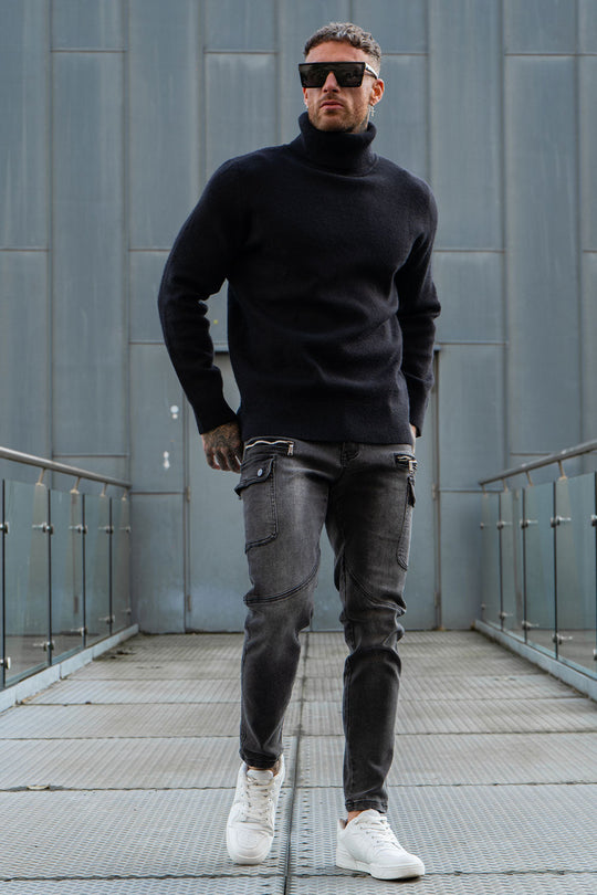 Men's Black Turtleneck Sweater - Slim Fit