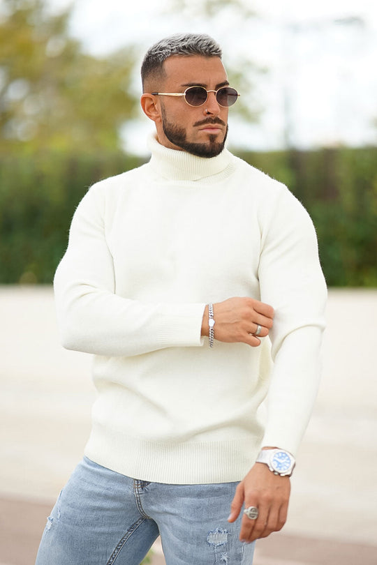 Men's Cream Sweater - Slim Fit & High Neck