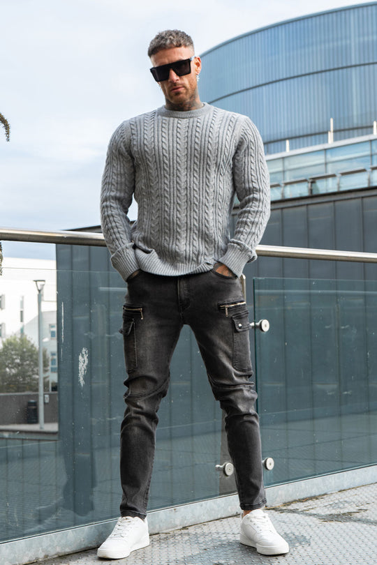 Men's Chunky Knit Sweater - Grey & Crew Neck