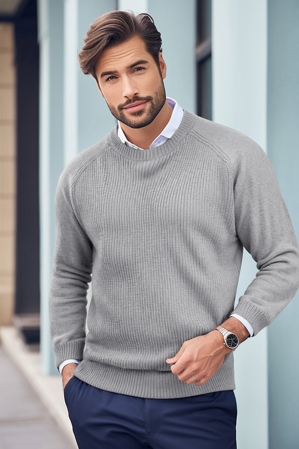 Men Round Neck Sweater - Grey