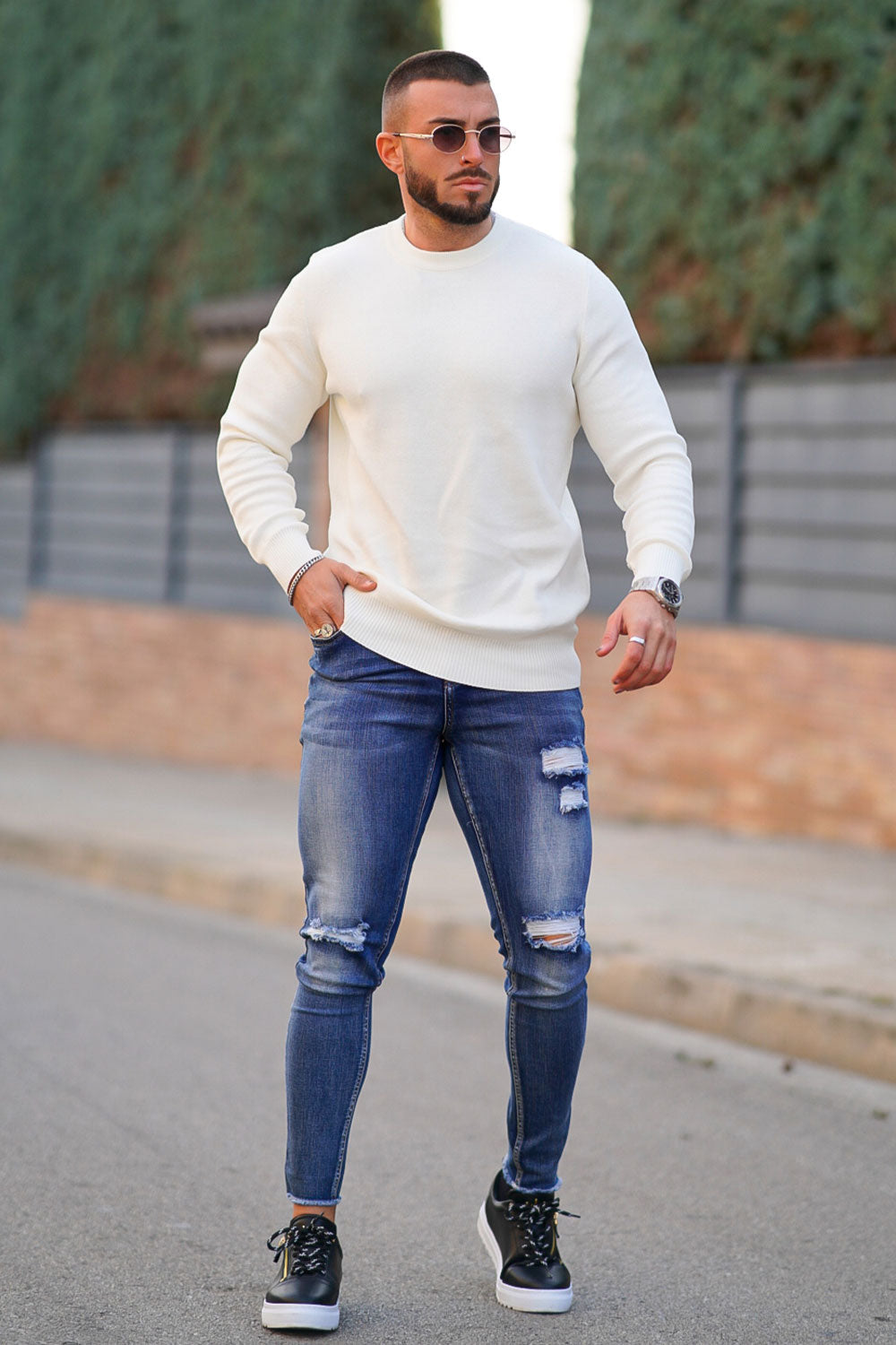 Men's White Crew Neck Sweater