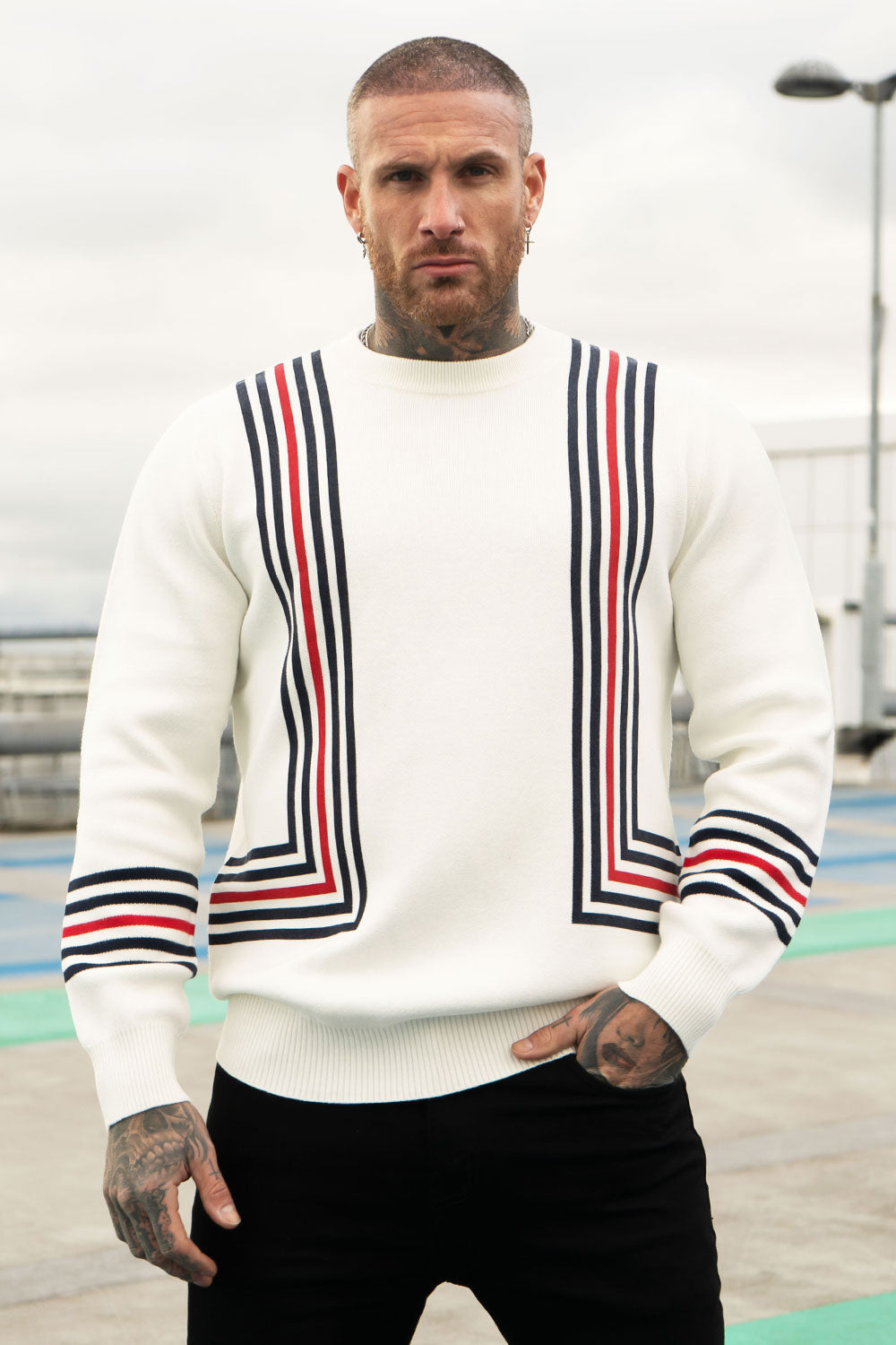 Men's Crew Neck Sweater - White & Black