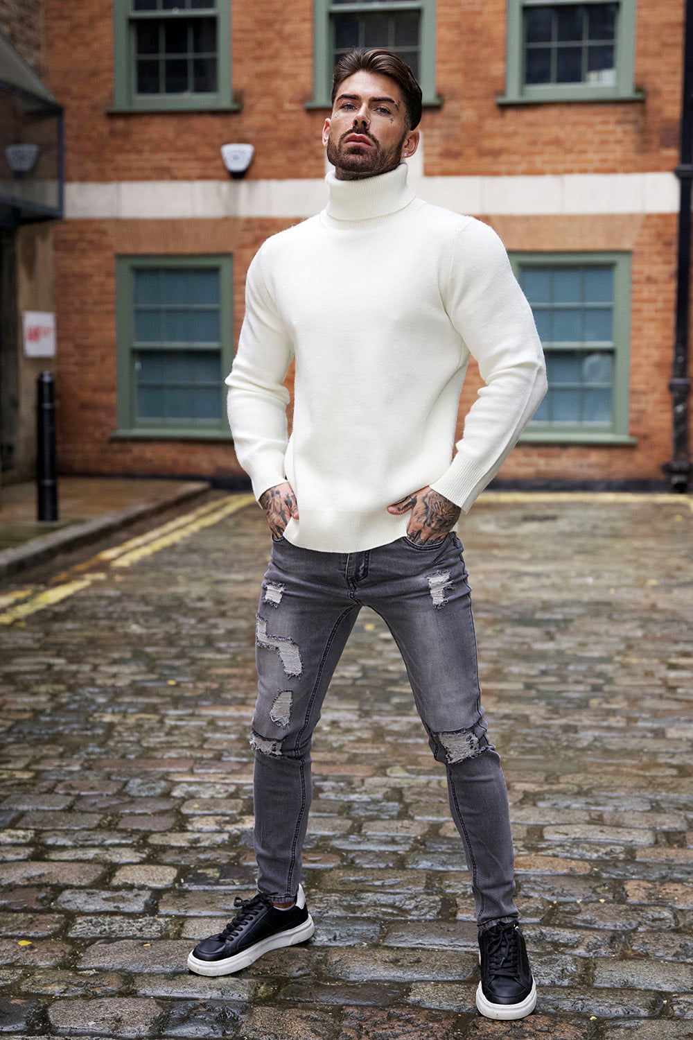 Men's White Turtleneck Sweater - Slim Fit