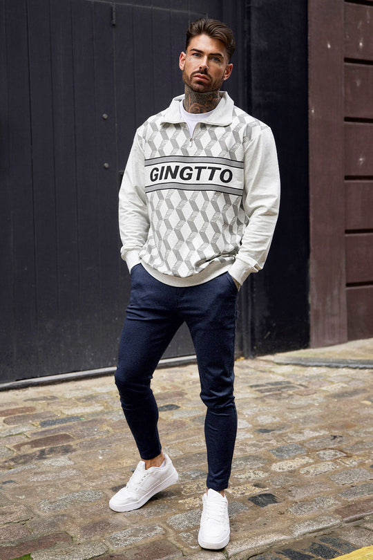 GINGTTO Mens  Slim Fit Long Sleeve Crewneck Pullover For Diamond Lattice Fleece