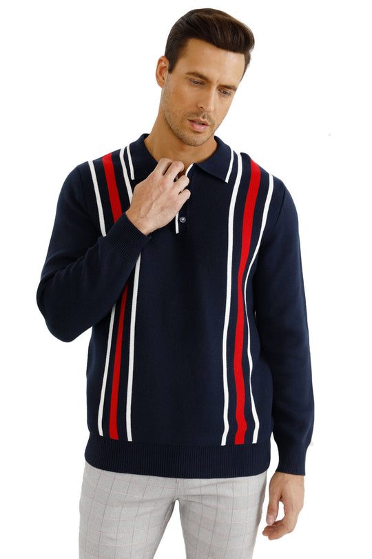 Men's Button Knitted Sweater - White & Dark Blue