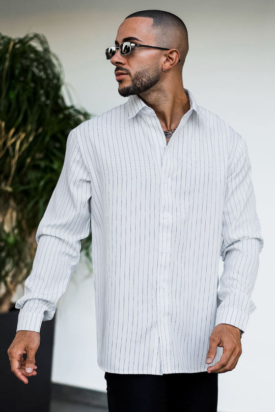 Gingtto Men's White Dress Shirt - Striped