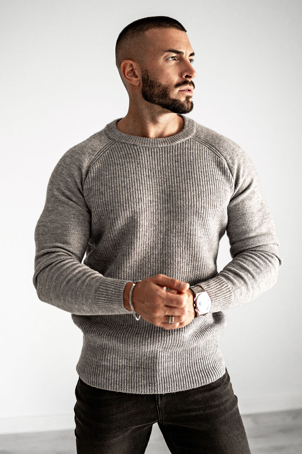 Men Round Neck Sweater - Grey