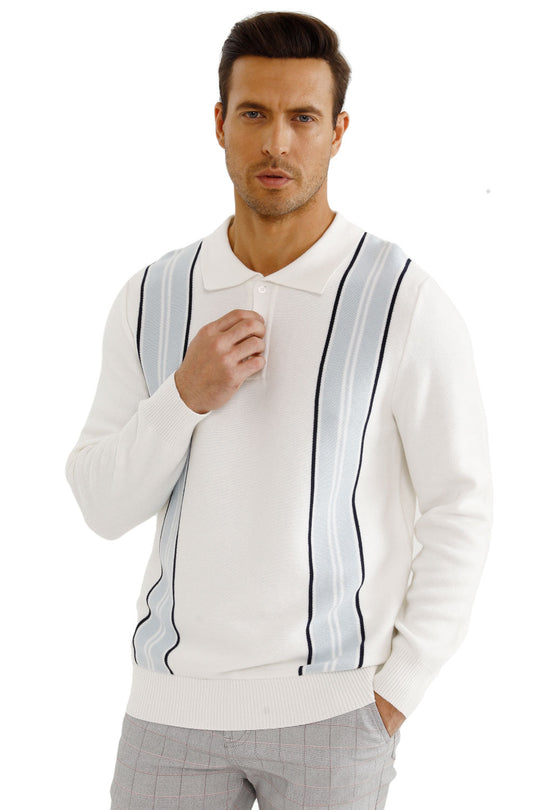 Men's Button Knitted Sweater - White & Dark Blue