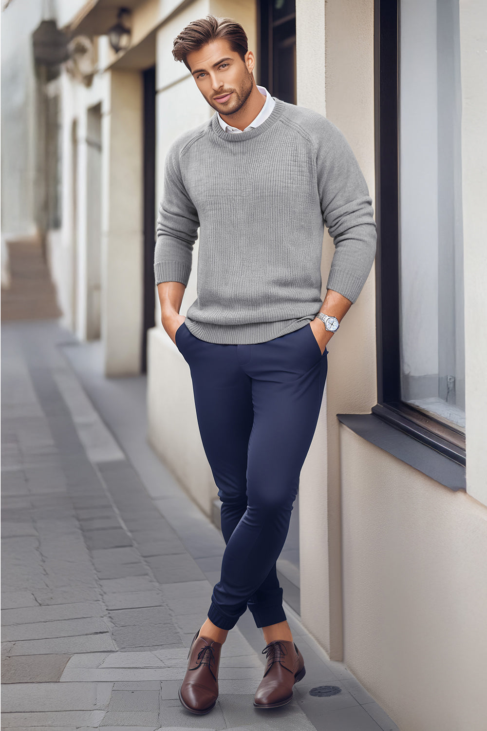 Men Round Neck Sweater - Grey