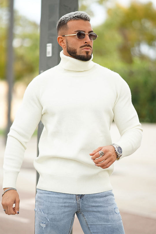 Men's Cream Sweater - Slim Fit & High Neck