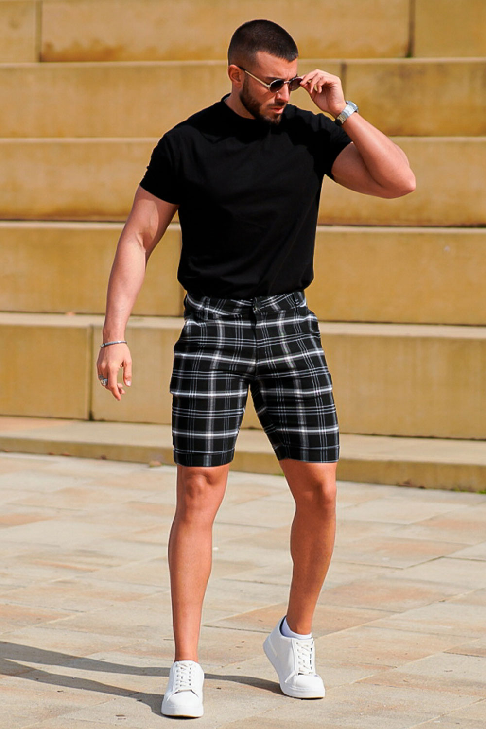 Plaid Denim Shorts - Stylish Black