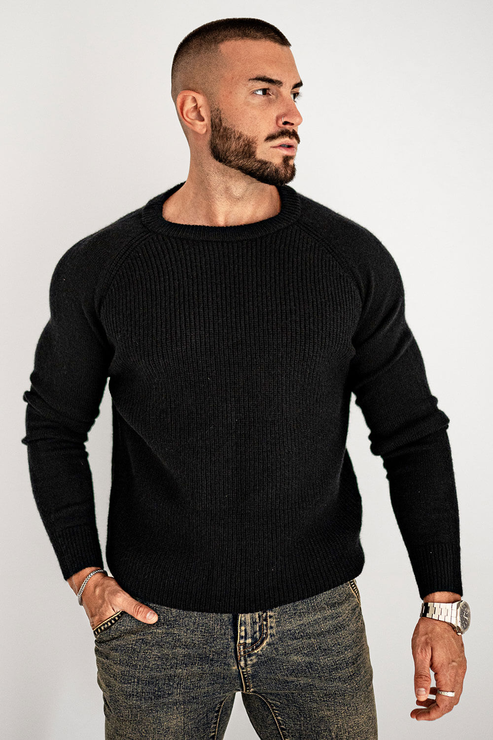 Men Round Neck Sweater - Black