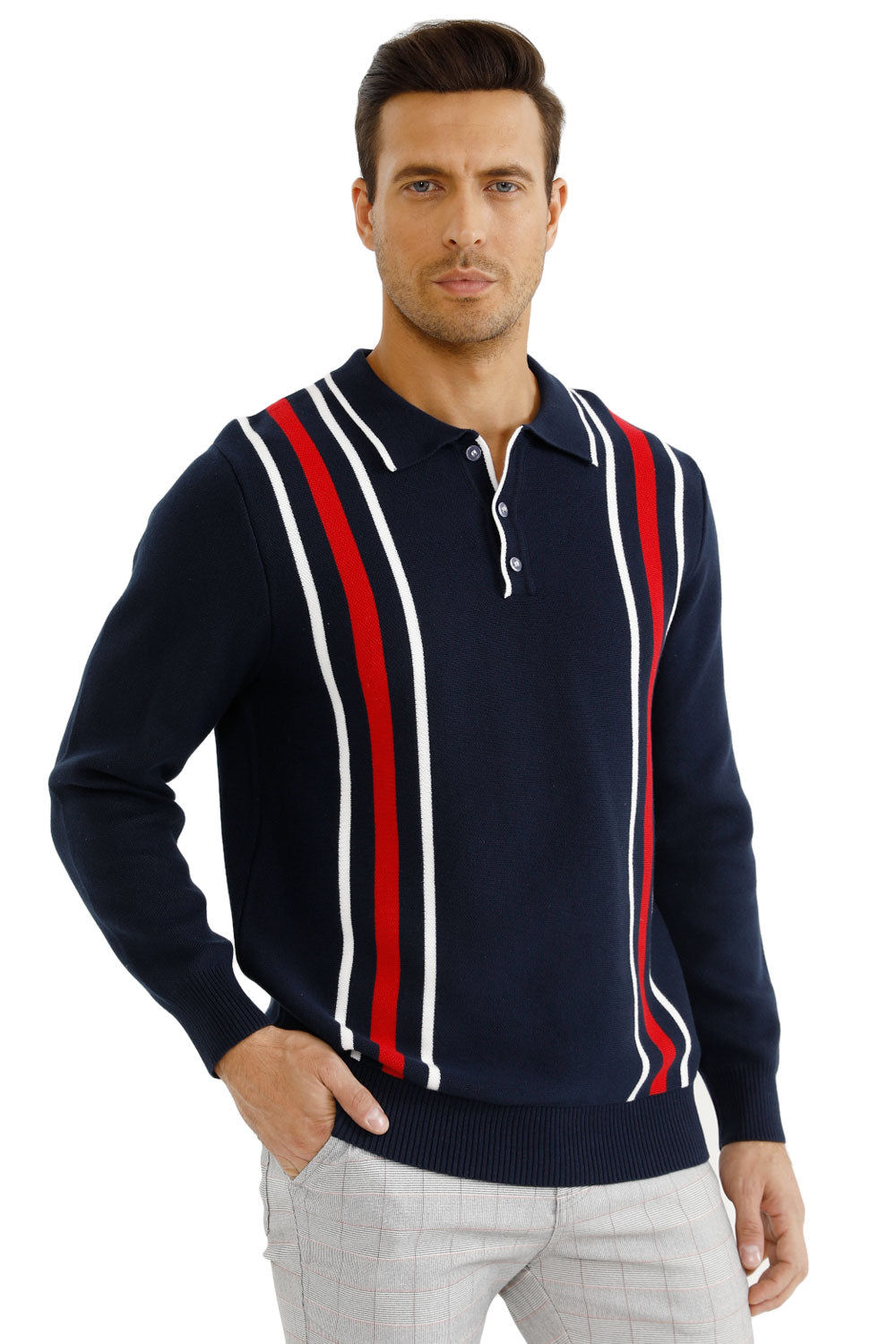 Men's Button Knitted Sweater - White & Dark Blue