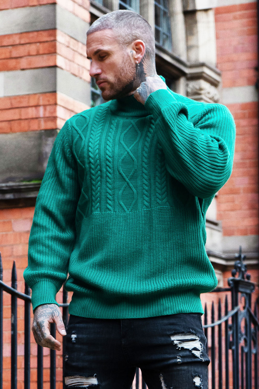 Men's Turtleneck Sweater - Green & Slim Fit