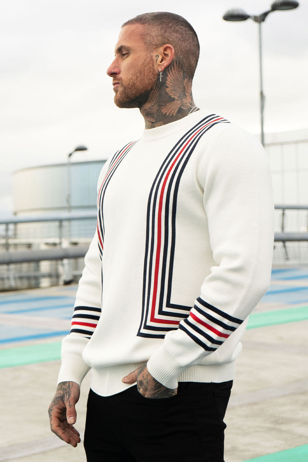 Men's Crew Neck Sweater - White & Black