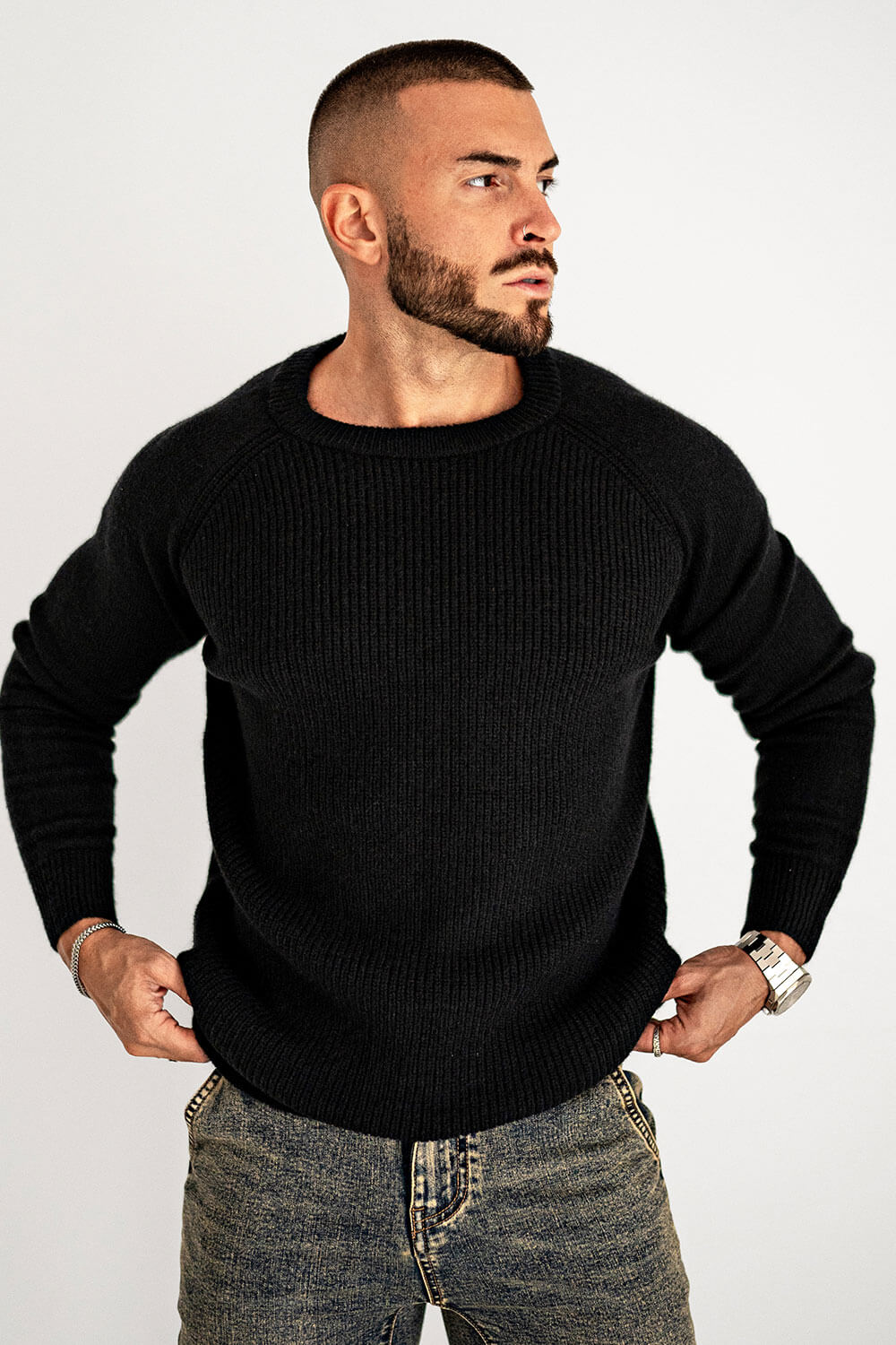 Men Round Neck Sweater - Black