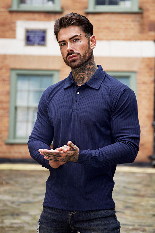 Men Long Sleeve Polo Shirt - Navy Blue