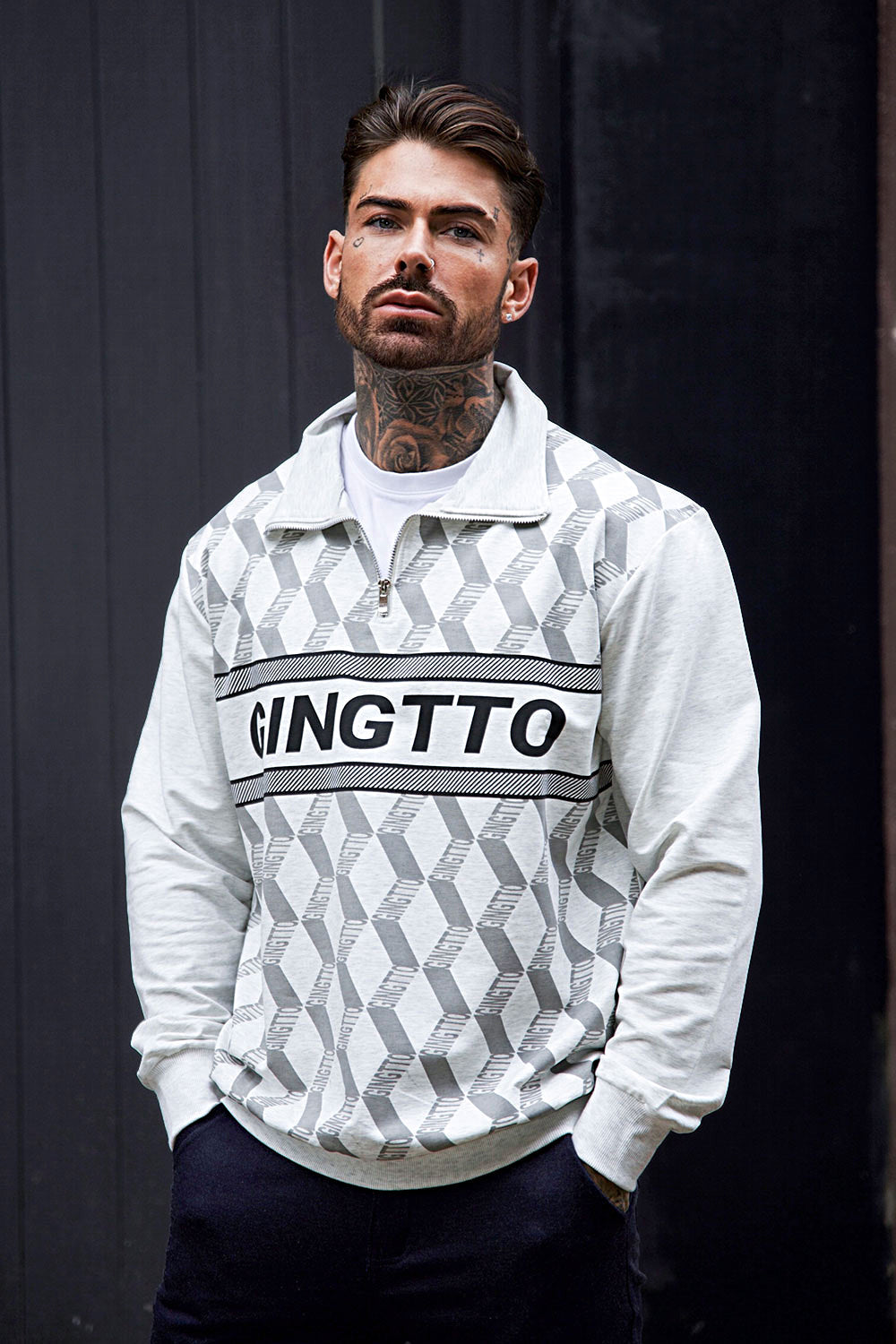 GINGTTO Mens  Slim Fit Long Sleeve Crewneck Pullover For Diamond Lattice Fleece