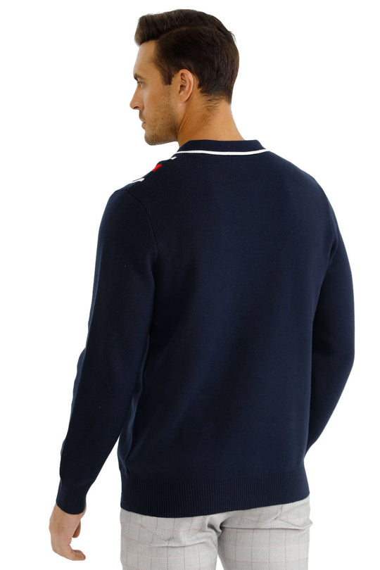 Men's Button Knitted Sweater - White & Dark Blue