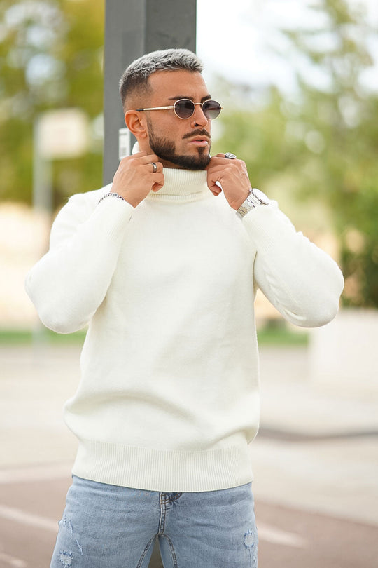 Men's Cream Sweater - Slim Fit & High Neck