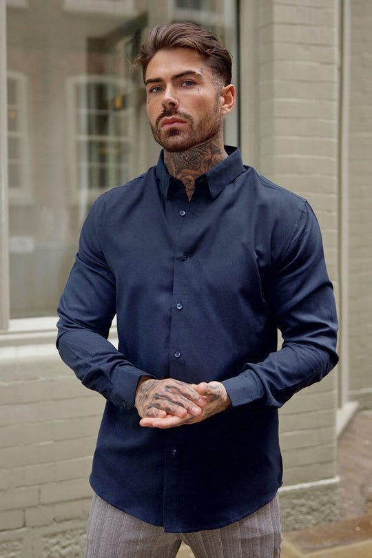 Dress Shirt Long Sleeve Fashion Navy Blue Polo Shirt