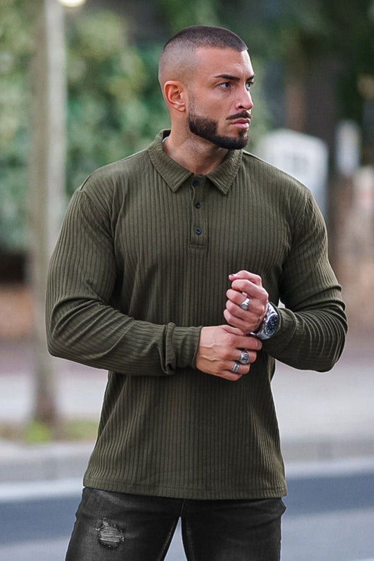 Men's Long Sleeve Polo Shirt - Green & Black