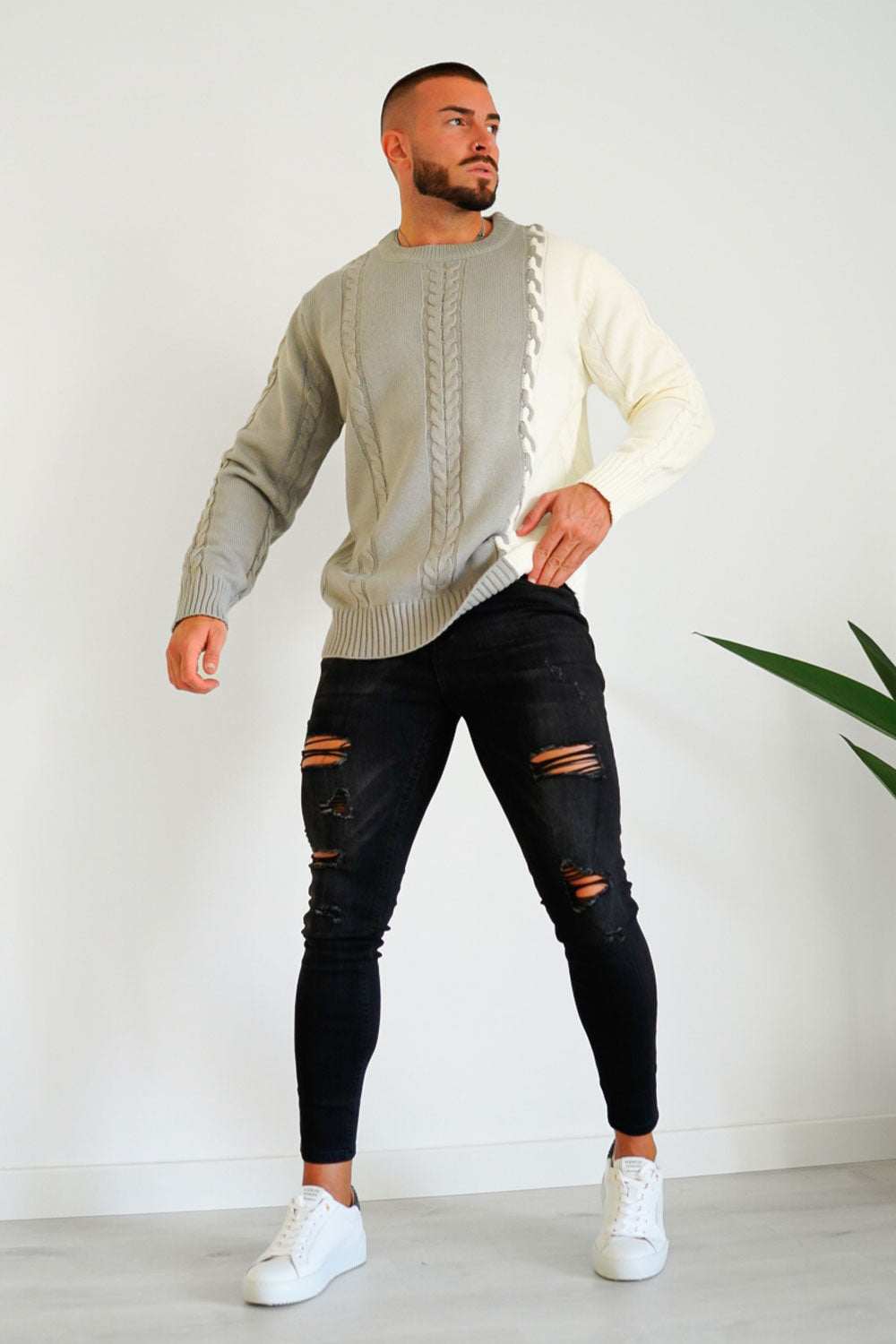 Men's Color Block Sweater - Grey & White