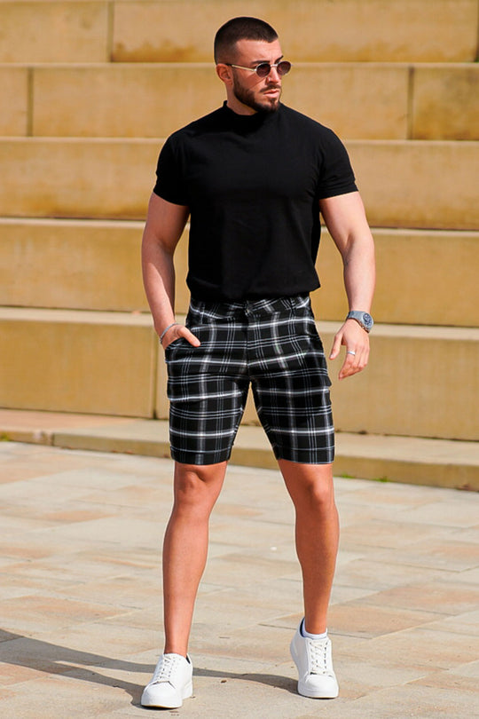 Plaid Denim Shorts - Stylish Black