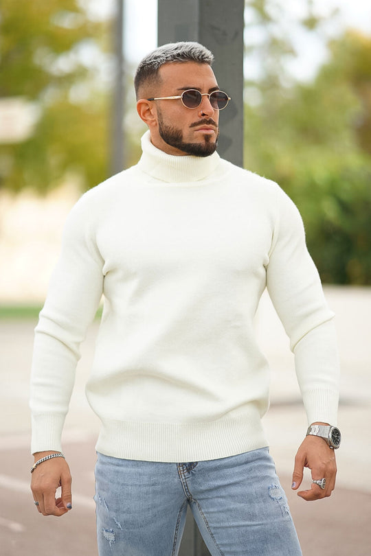 Men's Cream Sweater - Slim Fit & High Neck