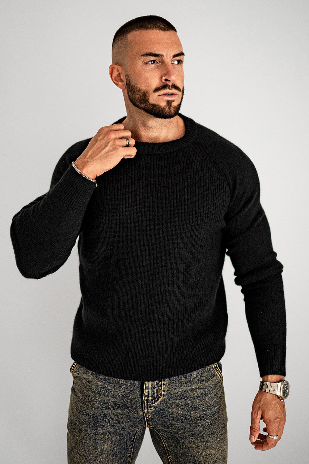 Men Round Neck Sweater - Black