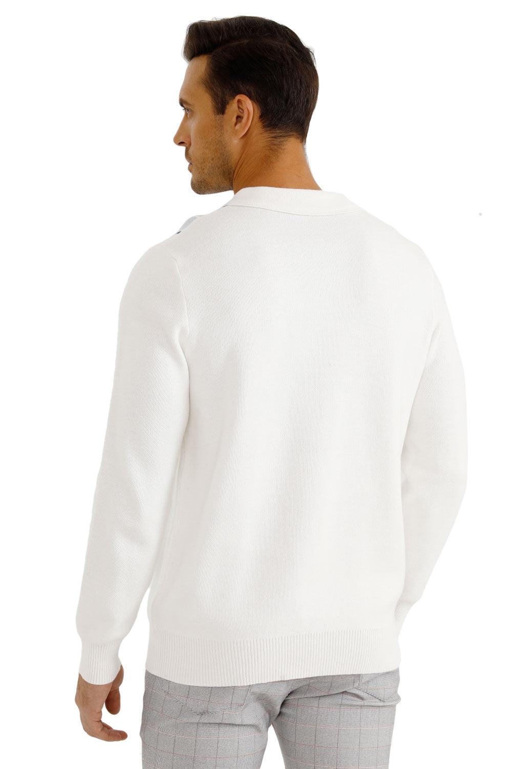 Men's Button Knitted Sweater - White & Dark Blue