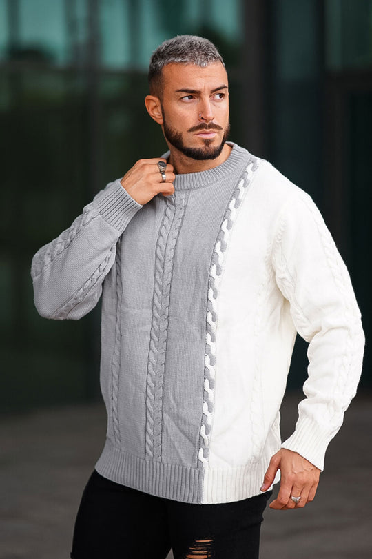 Men's Color Block Sweater - Grey & White