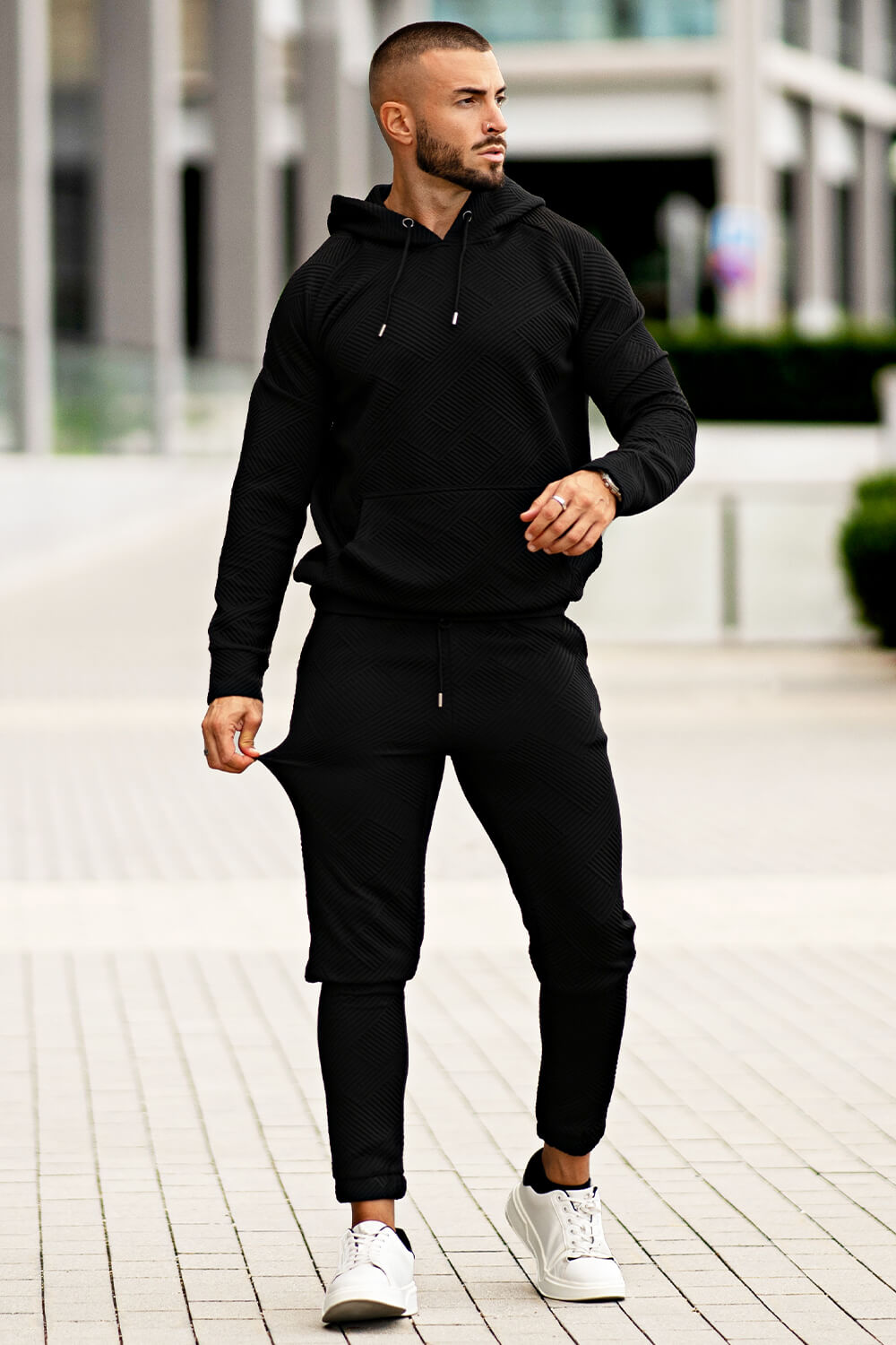 Men Casual Hoodie Set - Black