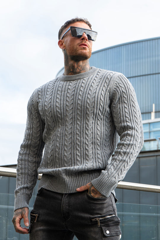 Men's Chunky Knit Sweater - Grey & Crew Neck