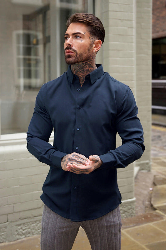 Dress Shirt Long Sleeve Fashion Navy Blue Polo Shirt