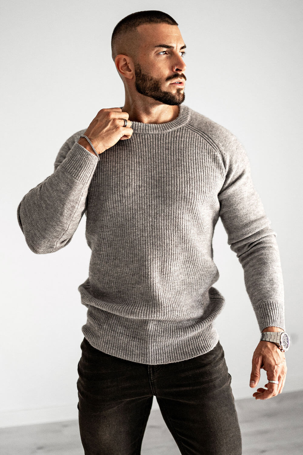 Men Round Neck Sweater - Grey