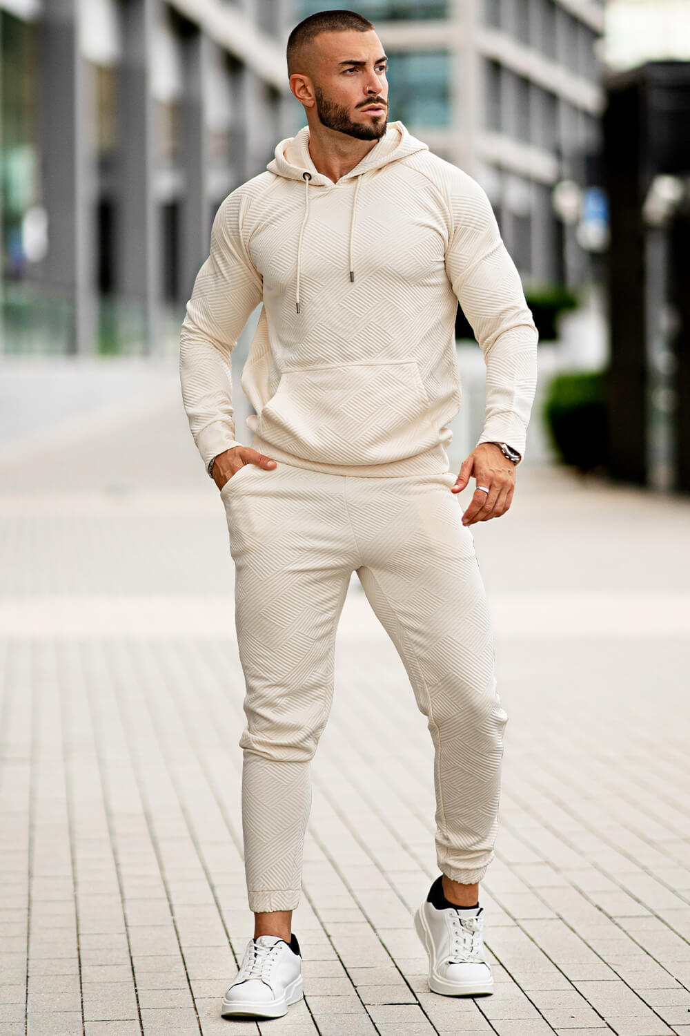 Men Casual Hoodie Set - Beige